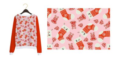 Kumaş ve tekstil için son moda Noel baskısı. Kusursuz bir yeni yıl düzeni. Noel çorabı. Pembe arkaplanda kış deseni.