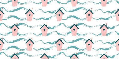 Sevimli bir aşk modeli. Soyut, kusursuz bir sevgi örneği. Sevgililer Günü paket kağıdı. Kuş evlerinin arka planlarını tekrarlayan kızlar. Kızlar için romantik duvar kağıdı, tekstil, giysi, ambalaj kağıdı.