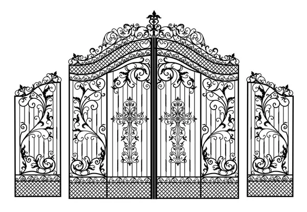 Forged metal gates. Sketch. Victorian style. Artistic forging. Fencing.Doors for the temple, church, Christian cross. Entrance zone front entrance — Stock Illustration Forged Metal Gates Sketch Victorian Style Artistic Forging Fencing Doors Royalty Free Stock Illustrations