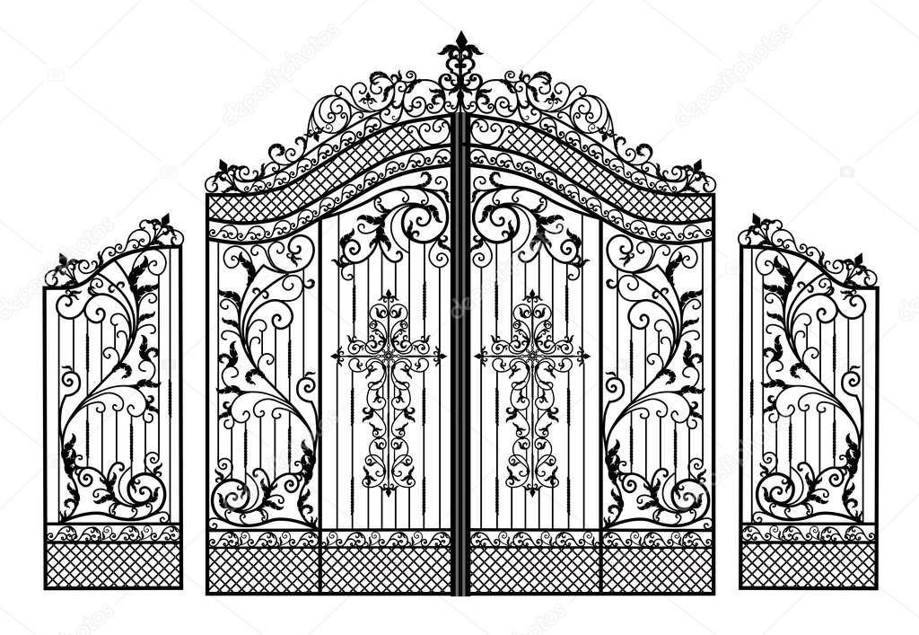 Forged metal gates. Sketch. Victorian style. Artistic forging. Fencing.Doors for the temple, church, Christian cross. Entrance zone front entrance