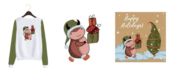 背景に可愛い雄牛 2021年のカード 12月ハッピーパーティー クリスマスの背景 メリークリスマスグリーティングカードコレクション ベクトルフラットデザイングリーティングカード — ストックベクタ