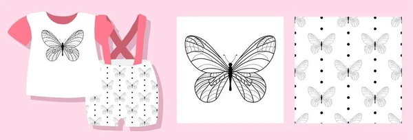 Estampado Divertido Para Ropa Bebé Lindo Patrón Con Mariposas Diseño — Archivo Imágenes Vectoriales