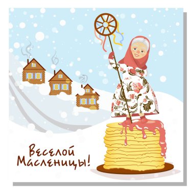 Maslenitsa veya Shrovetide. Büyük Rus bayramı Shrovetide temasındaki karakterler ve süslemeler. Rus yazıtları Maslenitsa. Pankart veya tebrik kartı için vektör illüstrasyonu.