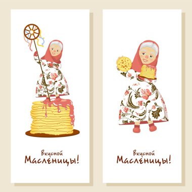 Shrovetide karakteri. Karnaval için kart seti. Rus halk bayramı için modern pankart. Maslenitsa bir bahar festivali. Krep haftası. Trend vektör illüstrasyonu.