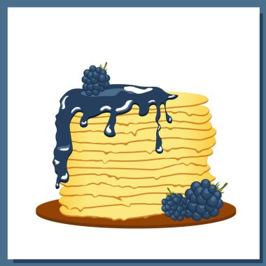 Krepler. Blackberry reçeli. Maslenitsa haftası. Bahar festivali toplantısı. Beyaz tabakta jöleli krepler. Vektör illüstrasyonu.