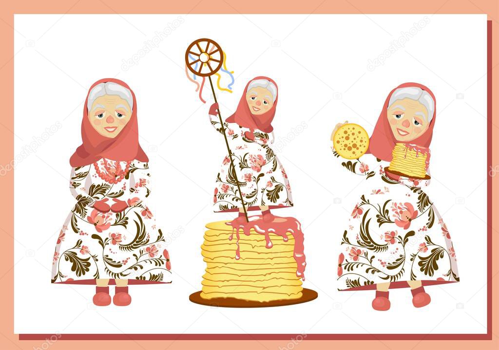 Shrovetide character Modern banner for Russian folk holiday. Maslenitsa is a spring festival. Pancake week. Trend vector illustration.