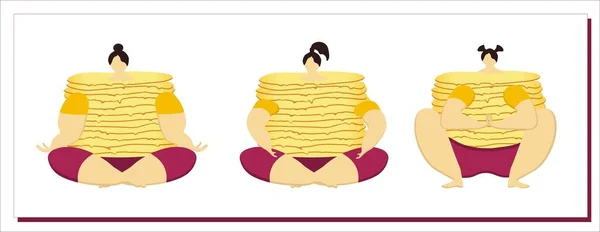 不吃东西世界无饮食日 托尔斯泰女人带着煎饼在白色背景上孤立的向量图解 肥胖和贪食的概念 — 图库矢量图片