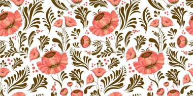 Folk tarzında kusursuz bir desen. Ukrayna süsü. Petrikovskaya tablosu. Ukrayna halk sanatı. Kumaş tasarımı. Çiçek izi. Soyut çiçekler. Pembe renk.