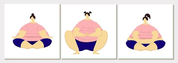 脂肪人的运动 超重的问题 瑜伽中的三个胖角色摆姿势 阿莎娜健康的生活方式矢量说明 — 图库矢量图片