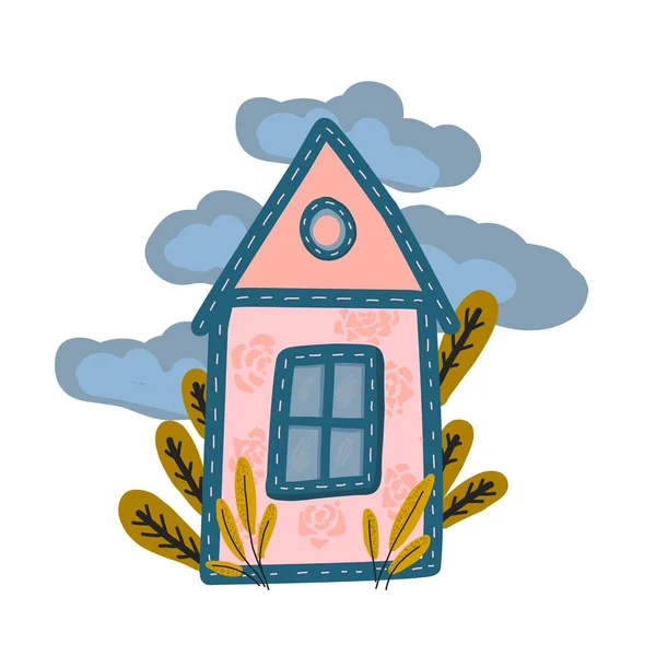 可爱的小房子 手工画简单 白色背景隔离 为T恤设计打印输出 儿童的粉色插图 童话屋 — 图库矢量图片