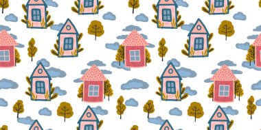 Yeni yürümeye başlayan çocuklar için şirin bir bebek modeli. Beyaz arka planda harika pembe evler. Elle çizilmiş stil. Tekstil ve kumaşlar için basit desen.