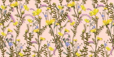 Yaz tasarımları. Sarı kır çiçekleri. Kumaş ve tekstil tasarımı için kusursuz yaz deseni. Pembe çiçekli dijital kağıt. Eski model, her amaç için harika tasarım. Zarif soyut arkaplan.