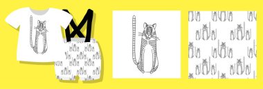 Kaplanlarla komik, kusursuz çocuksu bir düzen. Kaplan geçmişi yılı. Basit bir tekir kedi çizimi. Kumaş ve tekstil tasarımları. Vektör illüstrasyonu.