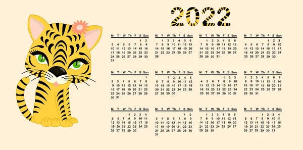 Шаблон Календаря Оформления 2022 Год Год Тигра Китайскому Календарю Милый — стоковый вектор