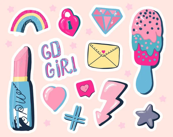 Set Cute Stickers Girls Stickers Diary Notebook Vector Illustration — Διανυσματικό Αρχείο