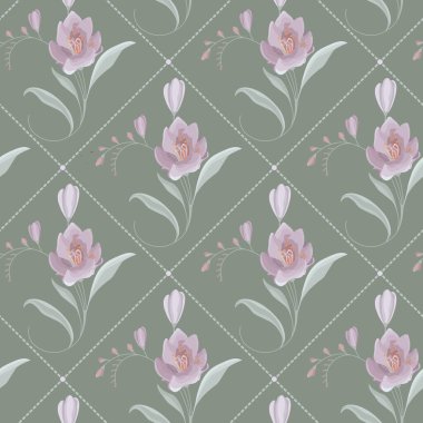 Zarif elmas kafes arka planında düzenlenmiş stilize frezya çiçekleri içeren zarif bir çiçek kompozisyonu. Yumuşak lavanta yaprakları ve sıcak altın erkeklik organları. Sessizleştirilmiş bilge yeşil zemin üzerinde çok güzel dururlar. İnce ve ince bir zemin oluştururlar.