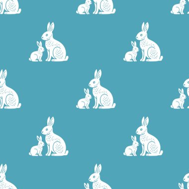 İki beyaz tavşandan oluşan kusursuz bir vektör deseni. Bir yetişkin ve bir bebek yan yana oturuyor. Nazik ve sevgi dolu bir duruşla..