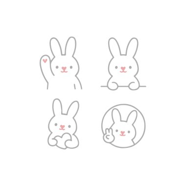 Sevimli Tavşan Duyguları Simgesi Minimalist Stili. Farklı jestler gösteren dört minimalist tavşan çizimi: pençe üzerinde bir kalple el sallamak, bir çıkıntının üzerinde dinlenmek, bir kalp oluşturmak