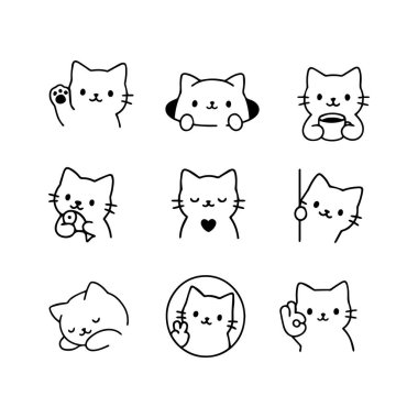 Minimalist siyah ve beyaz vektör simgesi seti farklı duygu ve jestlerle sevimli kedi yüzleri içerir.