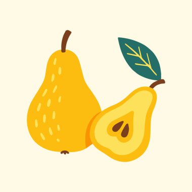 Sarı Armut Çizimi Tüm ve Yaprakla Dilimlenmiş