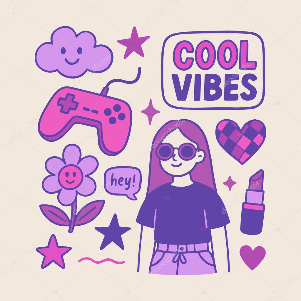 Trendy vector illustration in purple and pink tones featuring a cool girl with blue hair, round sunglasses, and playful elements like a flower, game controller, lipstick, and heart.