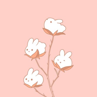 Tavşan Pamuk Çiçekleri Çizimi. Dalların üzerinde pamuk tomurcukları gibi büyüyen sevimli beyaz tavşanların minimalist pastel çizimleri, bahar baskıları, kartlar ve duvar kağıtları için nazik ve kaprisli tasarım..