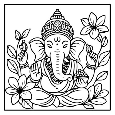 Ganesh Hattı Sanat Boyama Sayfası. Ganesha 'nın yetişkinler için çiçekli ve boyalı siyah beyaz bir tasviri..