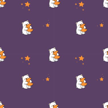 Mor Ay Ayısı deseni. Kutup ayısı, hilal ayı ve dağınık yıldızları kucaklayan sevimli tekrarlayan tasarım.