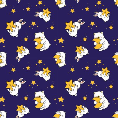 Sevimli Gece Arkadaşları Kusursuz Düzen. Ayı ve tavşanları kucaklayan ayılar derin mavi arka planda yıldızlara sarılıyorlar.