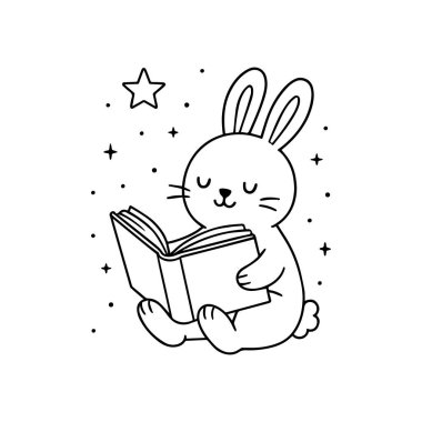 Tavşan Yıldızların Altında Okuma çizgi vektör çizimi