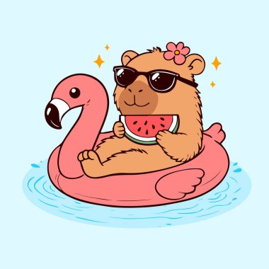 Flamingo Havuz Şamandırası Yaz İllüstrasyonunda Şirin Capybara