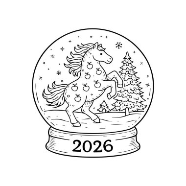 Kar Küresi Atı 2026 Çizgi Sanatı İllüstrasyonu