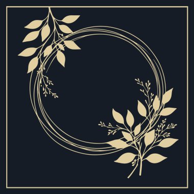Koyu arkaplanda yaprakları olan zarif bir botanik çelenk. Lüks veya düğün tasarımı için uygun en küçük dairesel çerçeve.