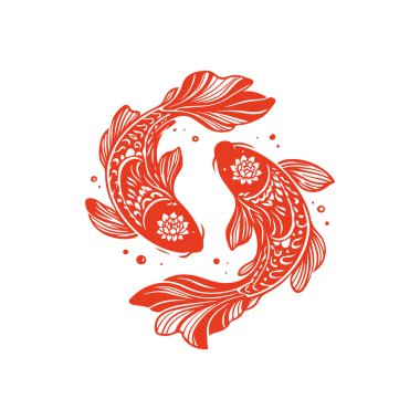 Geleneksel stil dekoratif koi balığı çizimi dairesel bir şekil alıyor. Sembolik Asya esinlenmiş sanat eserleri uyum, denge ve refahı temsil ediyor.