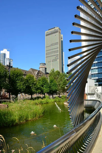 Frankfurt, Almanya - 08.14.2021: Frankfurt şehrinde modern binaların bulunduğu bir manzara