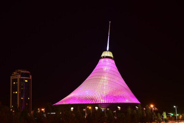 KHAN SHATYR shopping and entertainment centre in Astana, Kazakhstan, at night