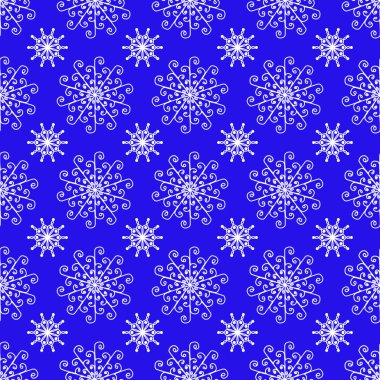 Kusursuz desen. Mavi üzerinde kar taneleri olan bir Noel çizimi. İskandinav tarzı. Pullu halk baskısı. İskandinav, Etnik motif. geometrik.