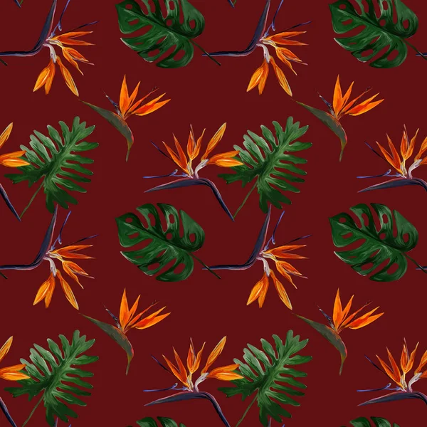 无缝隙的热带图案 具紫红色背景的叶柄 无缝图案 色彩艳丽的叶色 丝状花冠 雌雄同体 奇异的壁纸 夏威夷风格 — 图库照片