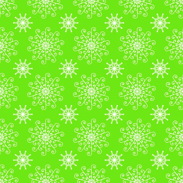 クリスマス 新年のための緑の背景に白い雪の結晶のシームレスなパターン 雪の結晶要素シームレスなパターンイラストデザインクリスマス紙包装装飾コンセプト — ストック写真