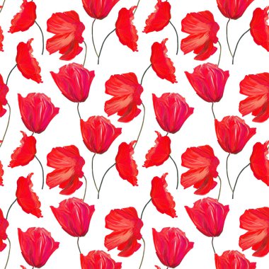 Beyaz arka planda kırmızı haşhaş çiçekleri olan el yapımı gouache çiçekli desen tekstil ve duvar kağıdı için doğal tekrarlanan iz..