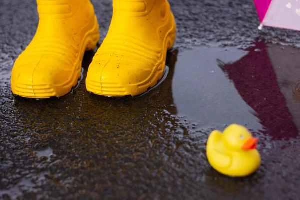 Rubber yellow boots stand in a puddle next to lies a yellow rubber duckling. bad weather . High quality photo