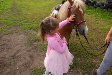 Pembe elbiseli küçük bir kız midillinin yanında duruyor ve onu okşuyor. ipoterapi.