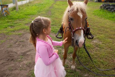 Pembe elbiseli küçük bir kız midillinin yanında duruyor ve onu okşuyor. ipoterapi.