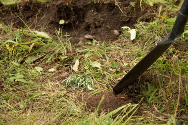 Adam çimlerin etrafında bir çukur kazıyor.