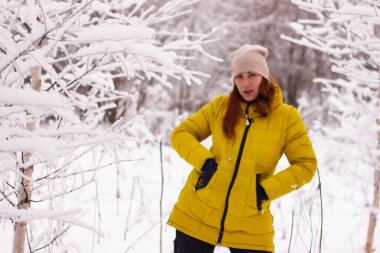 Kışın ağaçların arasında seksi ve çekici bir genç kadının portresi ve kar. Yüksek kalite fotoğraf
