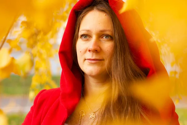 Mladá Krásná Sexy Dívka Červeném Kabátě Podzimním Lese Mezi Žlutým — Stock fotografie