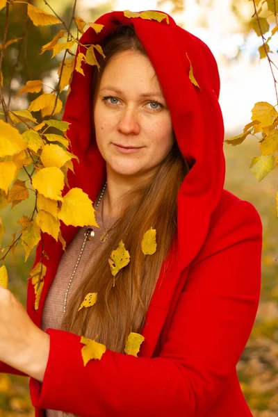 Mladá Krásná Sexy Dívka Červeném Kabátě Podzimním Lese Mezi Žlutým — Stock fotografie