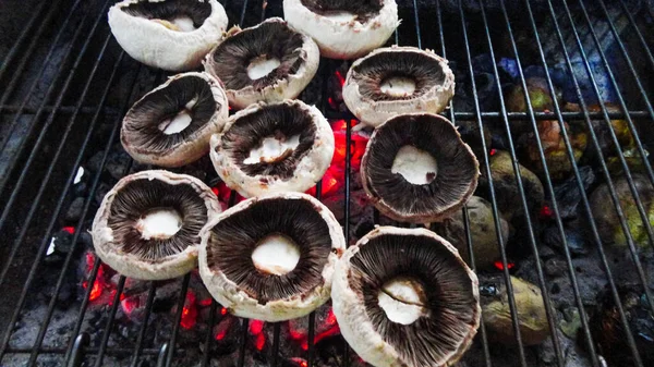Champignon Cogumelos Brancos Grelhados Grelha Com Carvão Quente — Fotografia de Stock