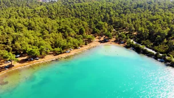 緑と青が出会うエーゲ海の秘密の湾の空中自然景観 トルコのディディムで夏の日に信じられないほど澄んだ緑の海を持つ純粋な自然 — ストック動画