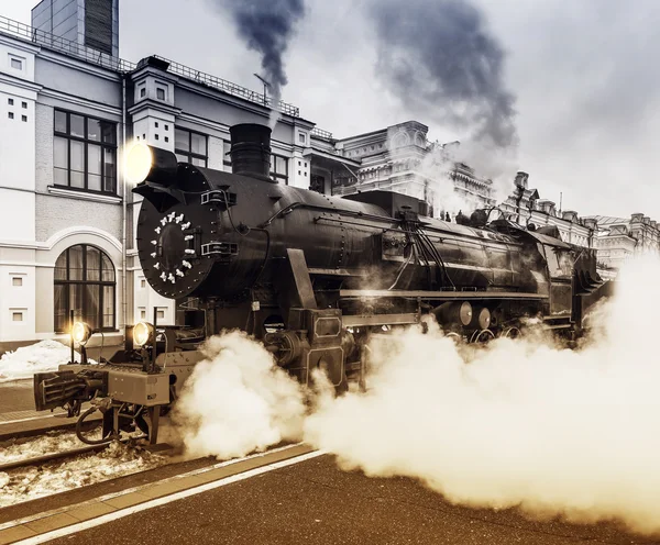 Departure of the retro steam train. — Stock Photo, Image